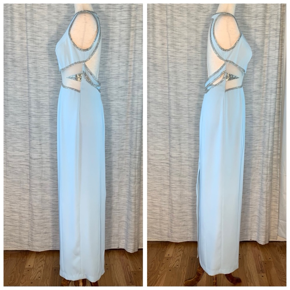 Peak Evenings Sky Blue Sleeveless Formal Evening Gown With Mesh Midriff. - Picture 9 of 15
